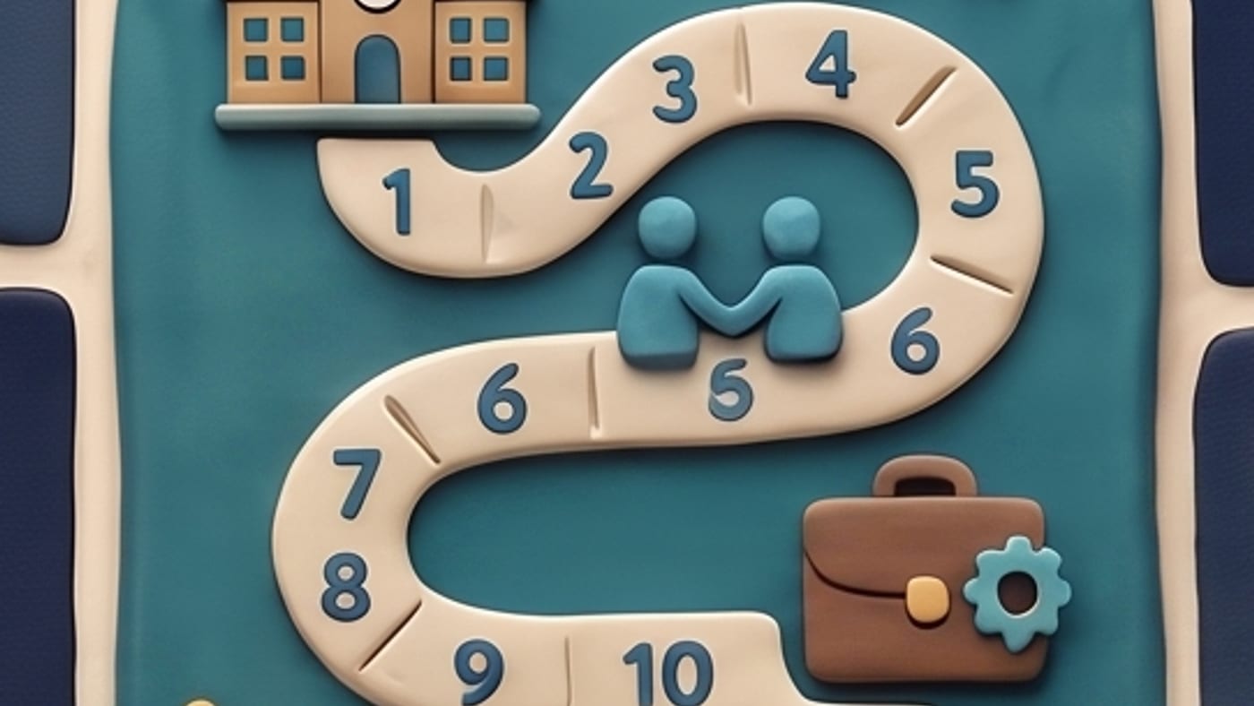 A clay-mosaic illustration of a numbered 10-part roadmap running from a schoolhouse to two figures shaking hands to a briefcase, representing a Better Together Guide cycle.