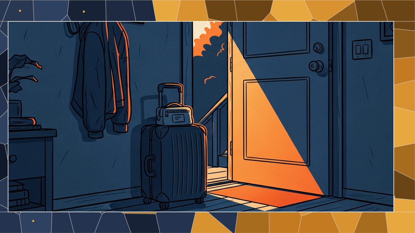 An illustrated entryway on the morning of a trip: a packed suitcase by the front door, a jacket on the hook, and morning light through the open doorway.