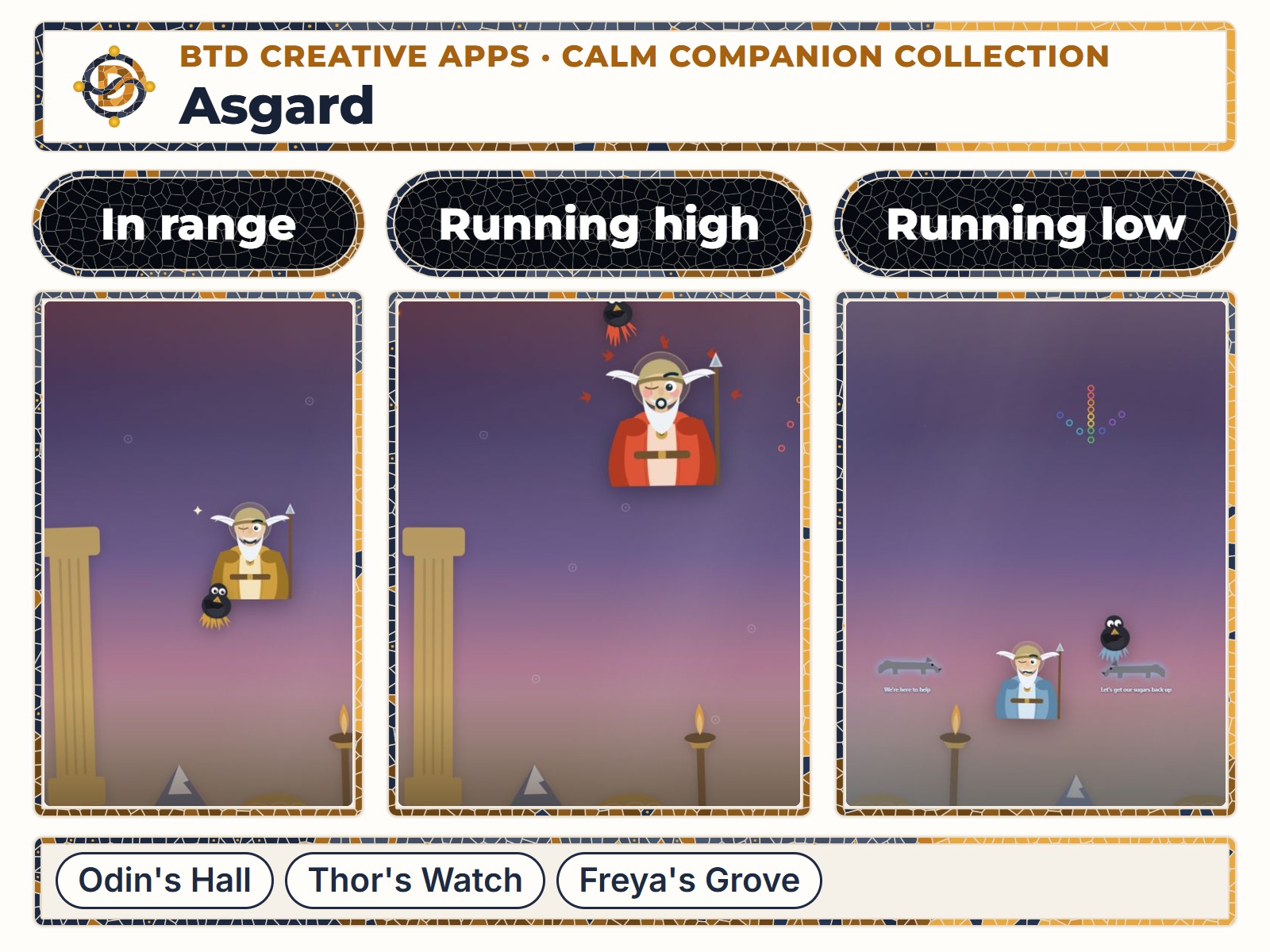 BTD Asgard in three moods side by side: in range, running high, and running low, with its scene names.