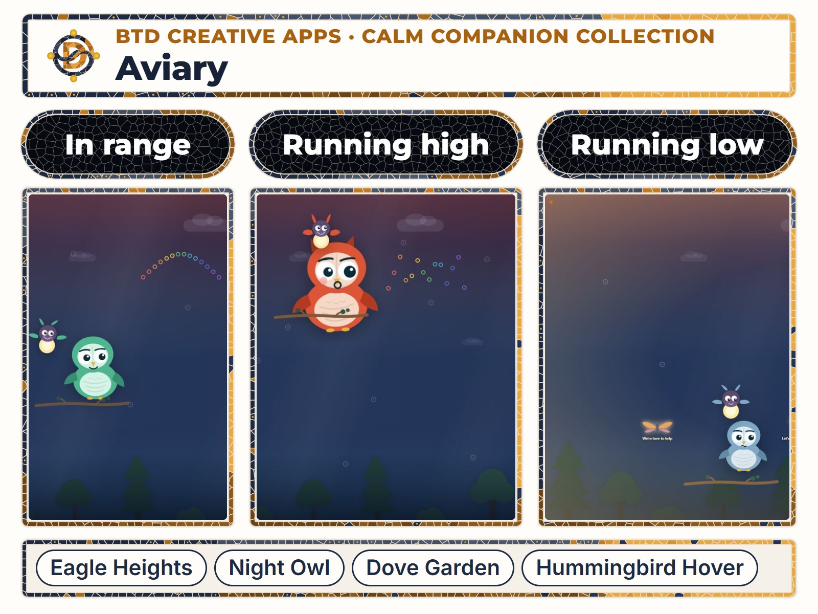 BTD Aviary in three moods side by side: in range, running high, and running low, with its scene names.
