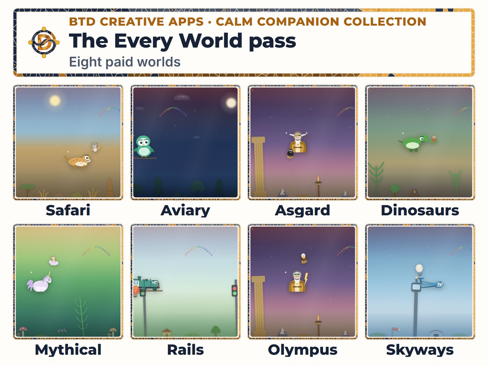 The Every World pass: posters for all eight included worlds, each labeled with its name.