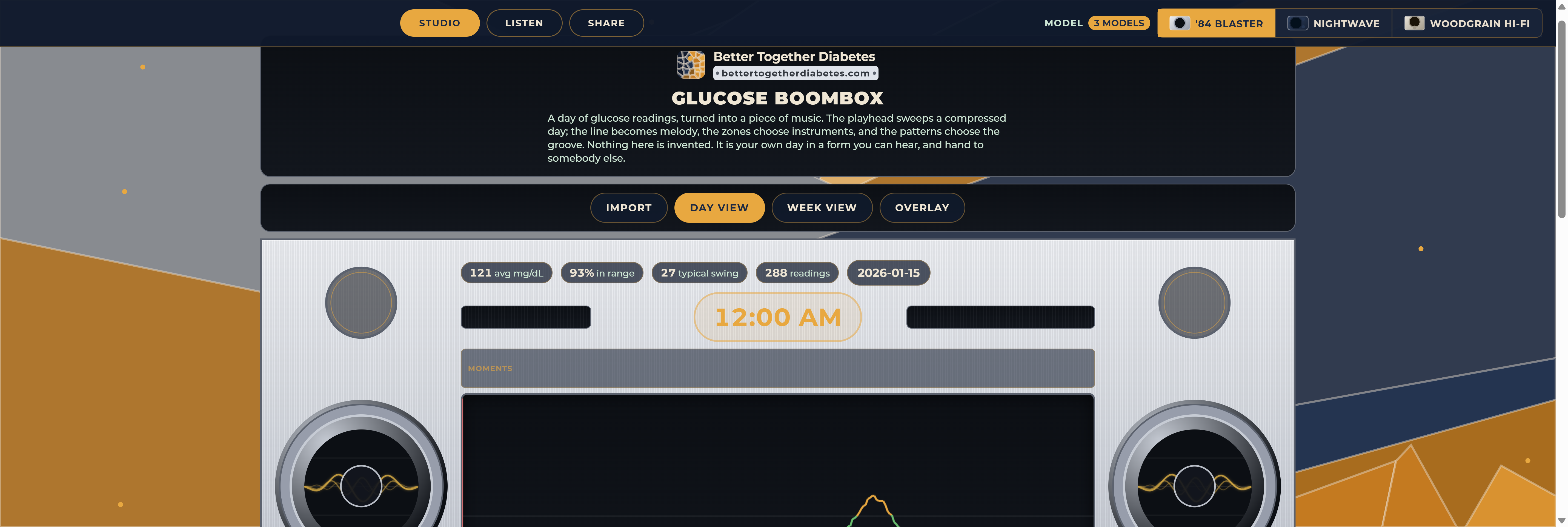 Glucose Boombox on first open, ready to load a day of readings