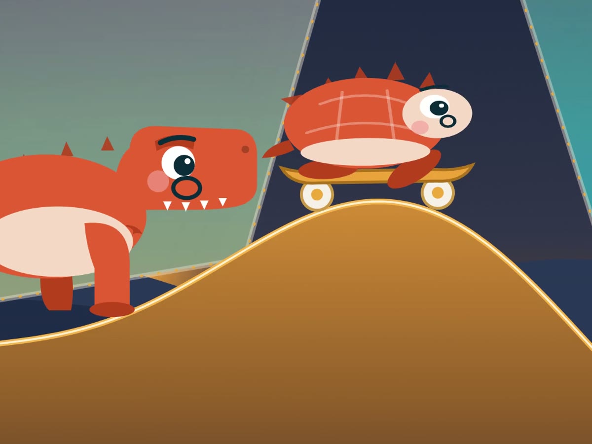 A turtle rides a skateboard over the crest of a glucose curve while a T-rex looks on, from the BTD Creative Apps trailer.