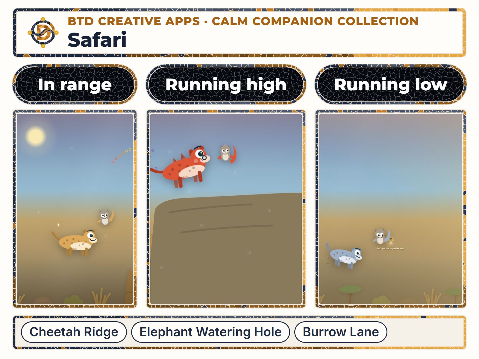 BTD Safari in three moods side by side: in range, running high, and running low, with its scene names.