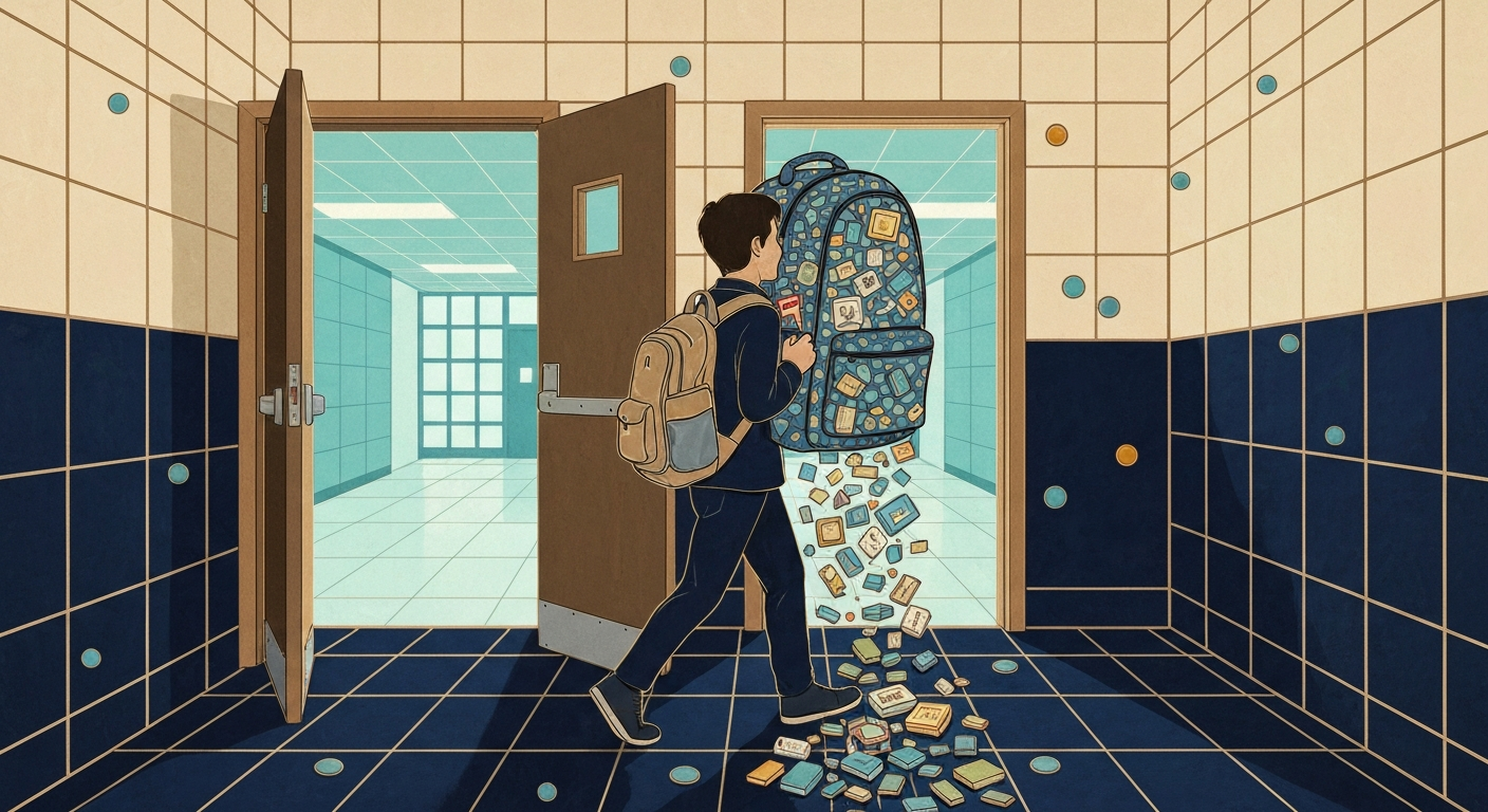 Student at school doors with an oversized backpack spilling supplies