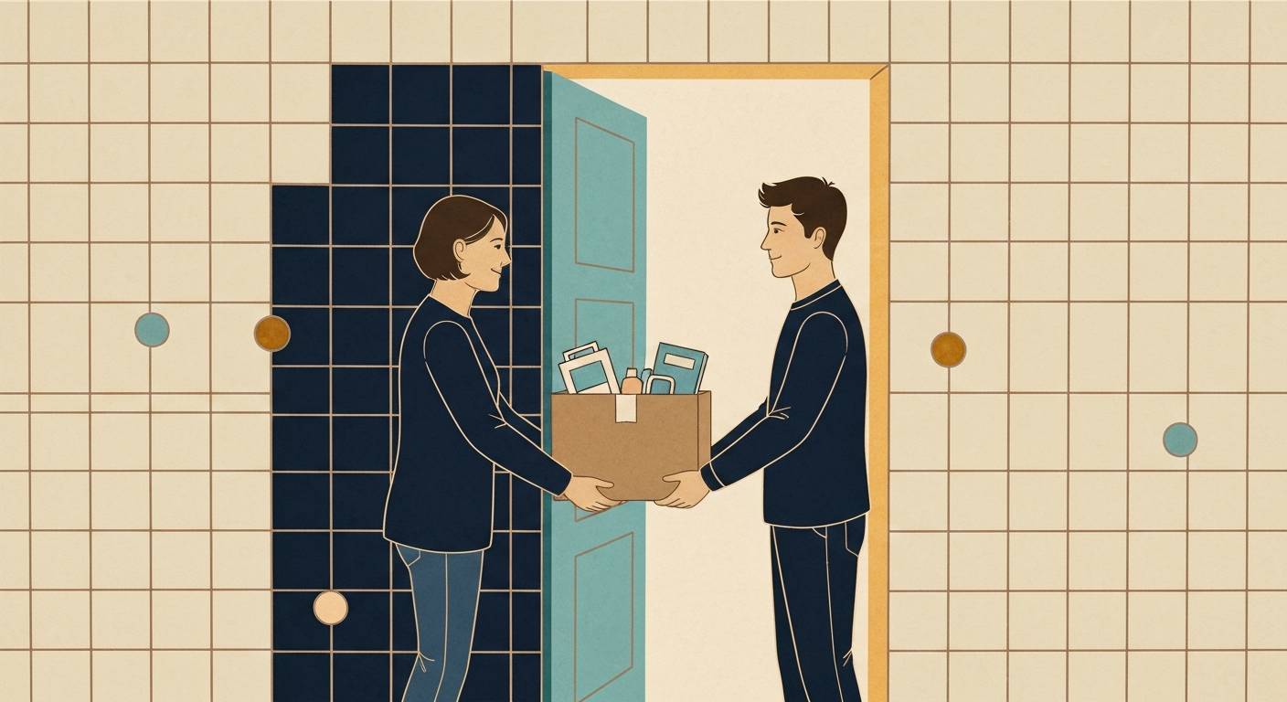 Mother handing a supply box to a young adult