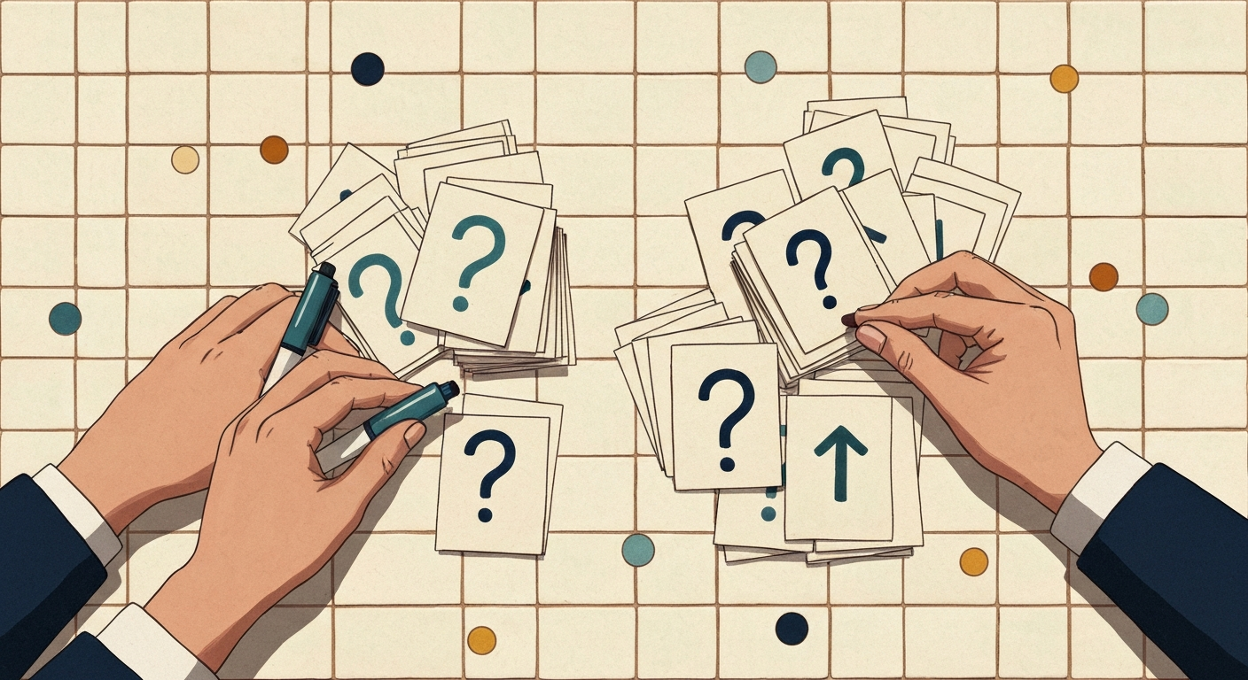 Hands sorting question cards into two piles
