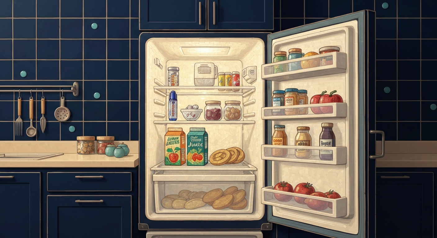 Open fridge with juice and supplies beside everyday food