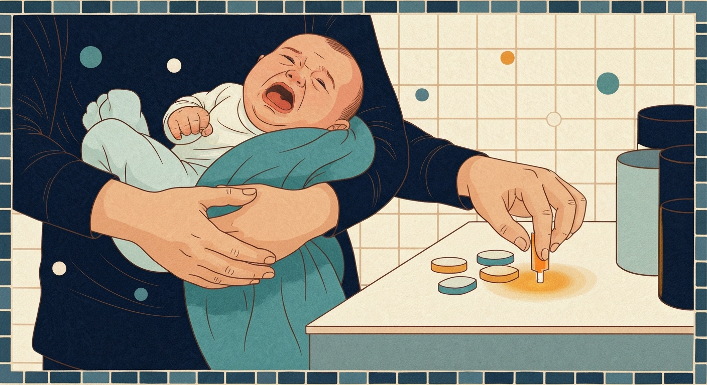 Crying baby in one arm