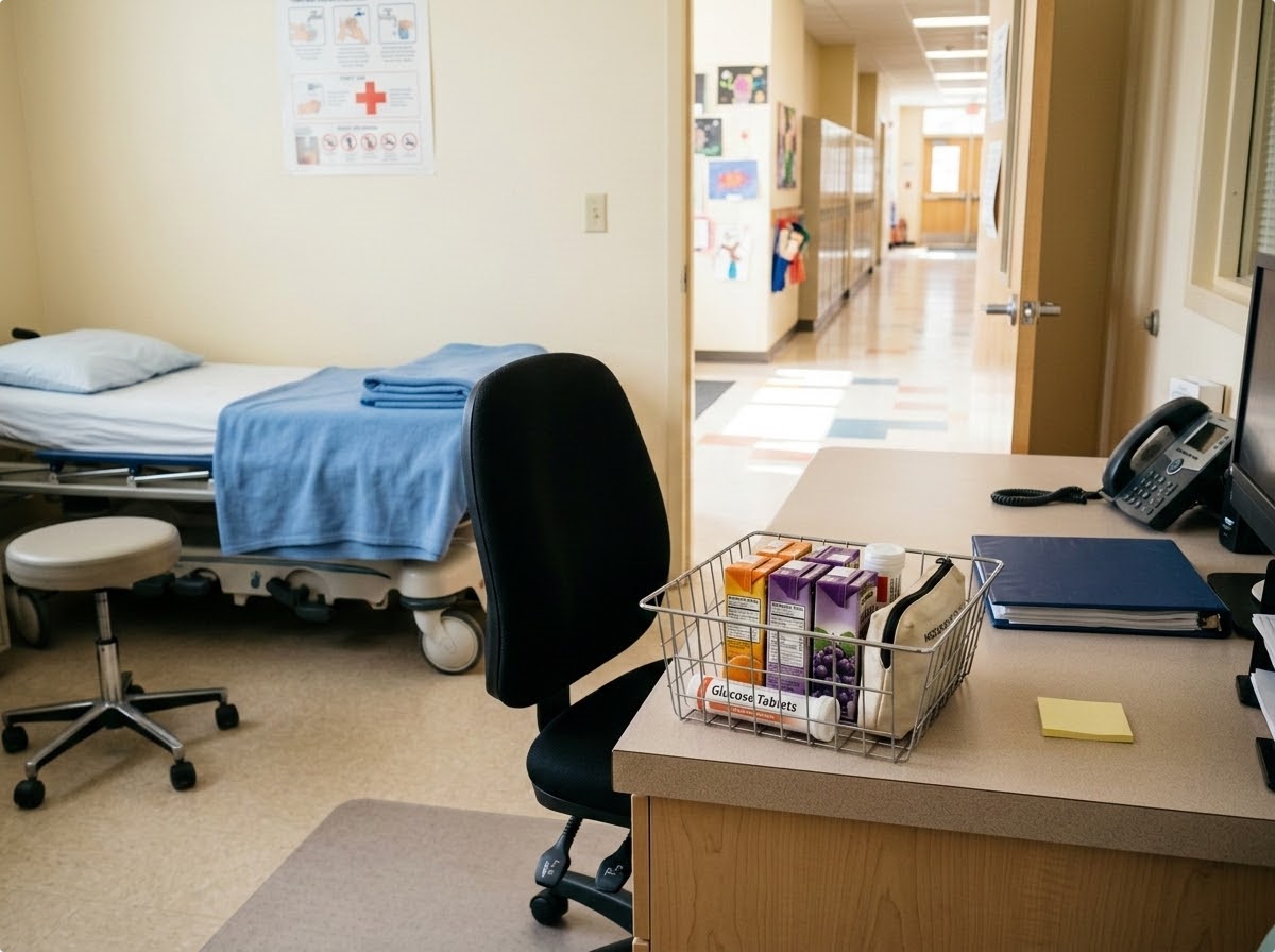 A small school health office at midday with the nurse's chair empty: a cot with a folded blanket, a plain wire basket on the counter holding juice boxes, a roll of glucose tablets and a zip pouch of supplies, a closed binder beside a blank sticky note, and a hallway visible through the open door