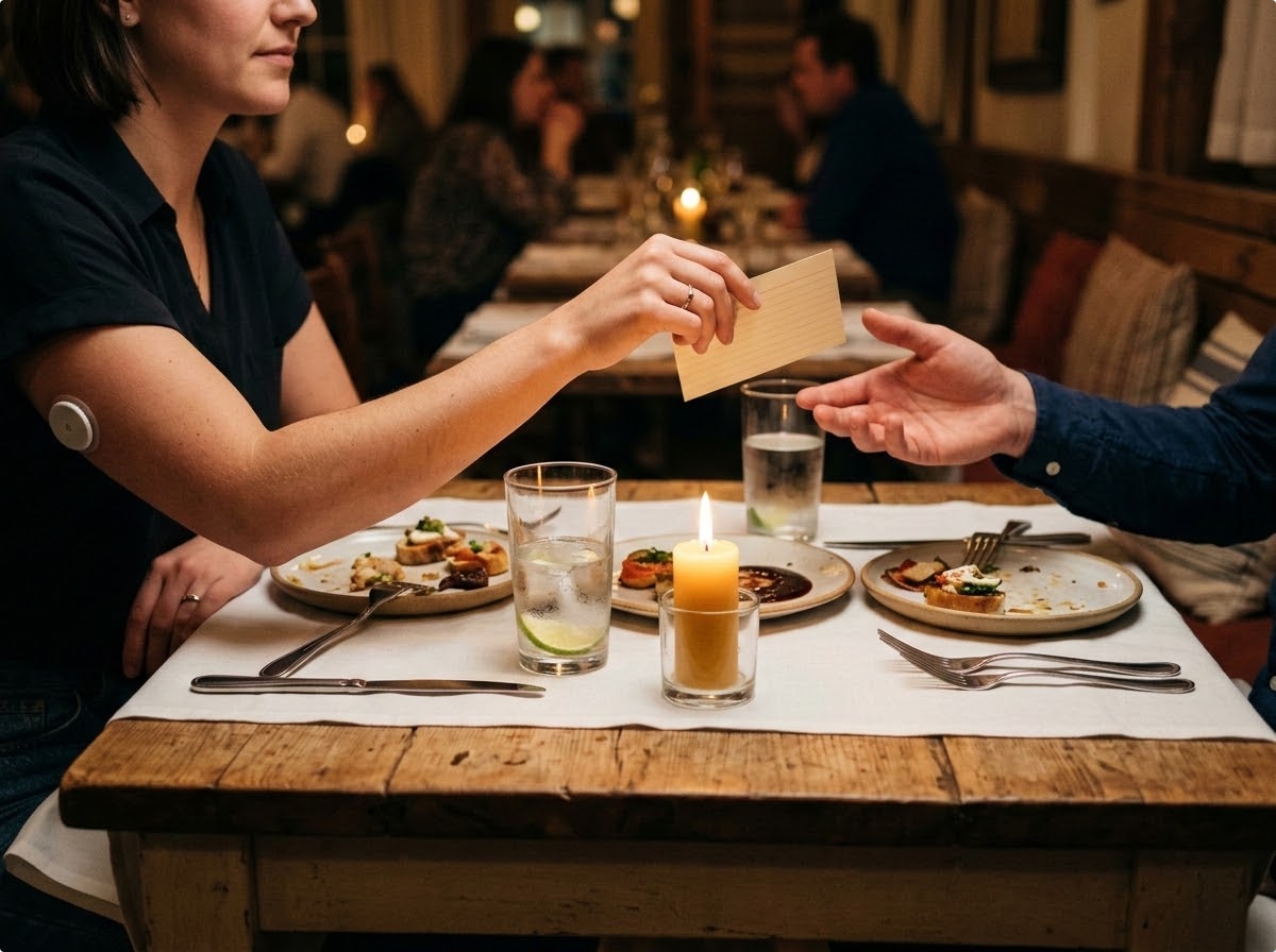 A candlelit two-person restaurant table: a woman in her late twenties slides a small folded index card across the tablecloth toward her date's open hand, both seen from the shoulders down