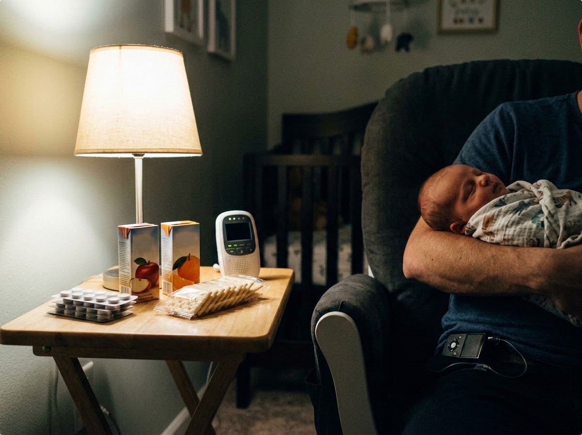 A dim nursery corner at night: a small side table next to a glider chair holds a stack of glucose tablets, two juice boxes, a sleeve of crackers and a baby monitor, while at the frame edge a parent's forearm cradles a sleeping swaddled infant