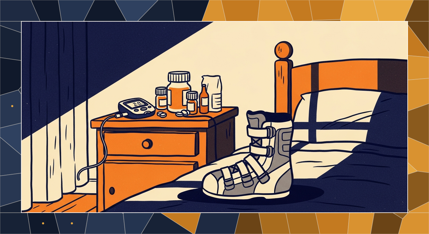 Bold-line cel illustration of a warm bedside recovery scene