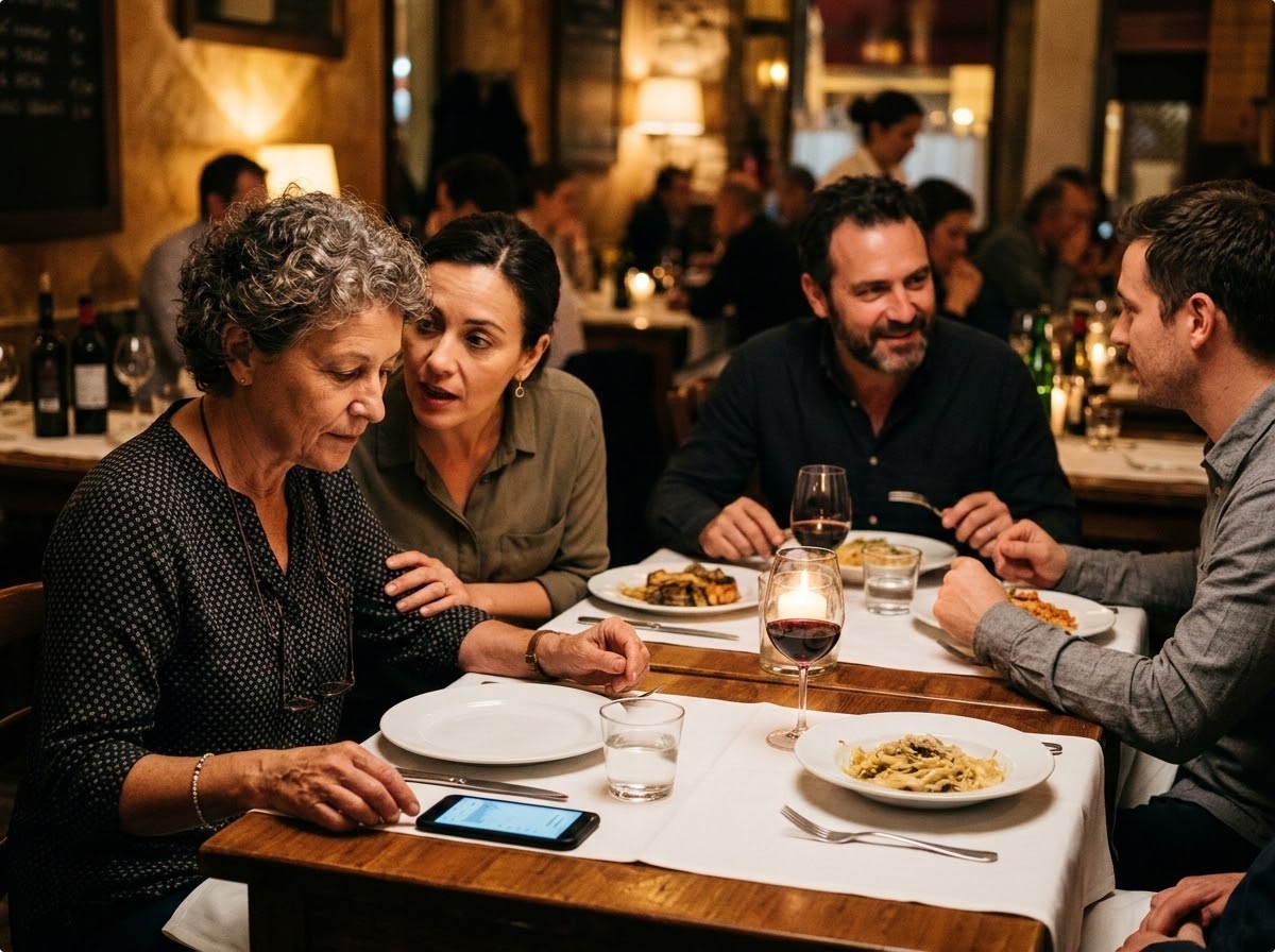 Colleague checking on a woman reading her glucose graph at a work dinner