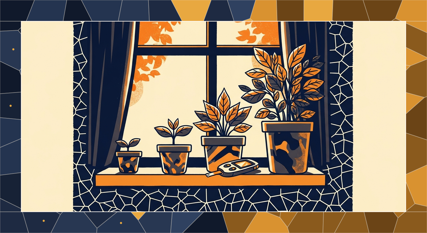 Bold-line cel illustration foreground over a quiet mosaic background