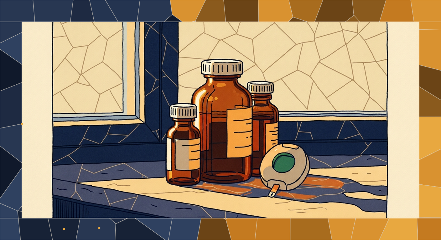 Bold-line cel illustration foreground over a quiet mosaic background