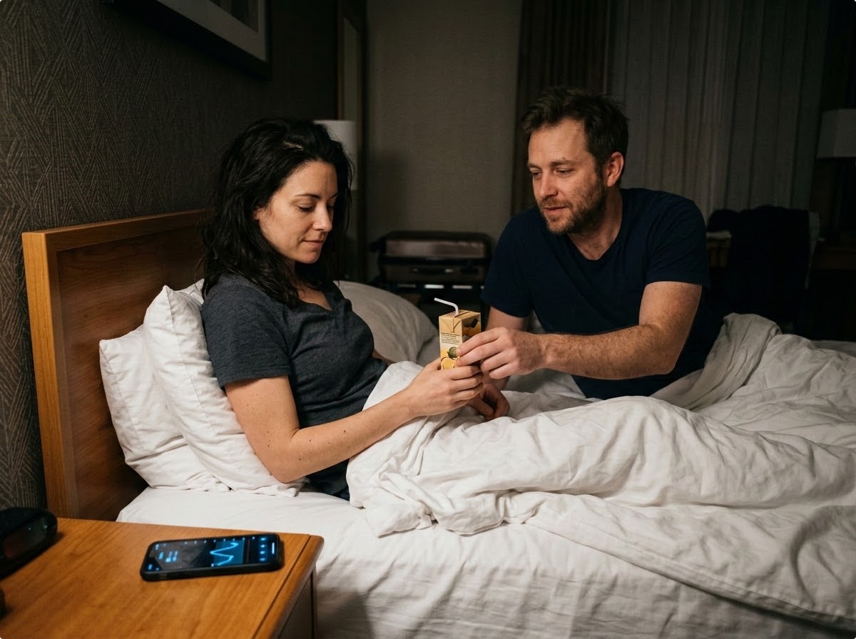 Night wake-up with phone graph glowing and a partner helping
