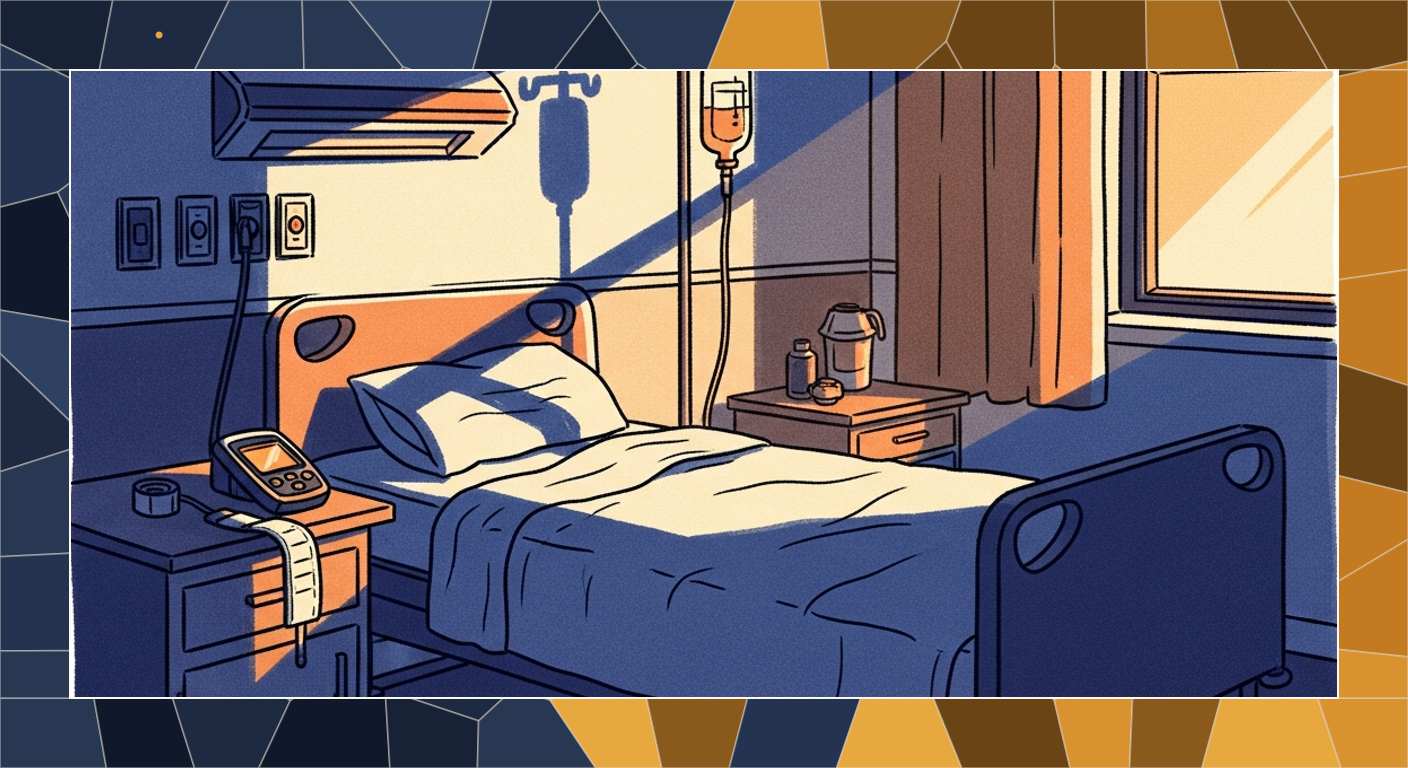 Bold-line cel illustration of a quiet pre-surgery hospital bedside at dawn