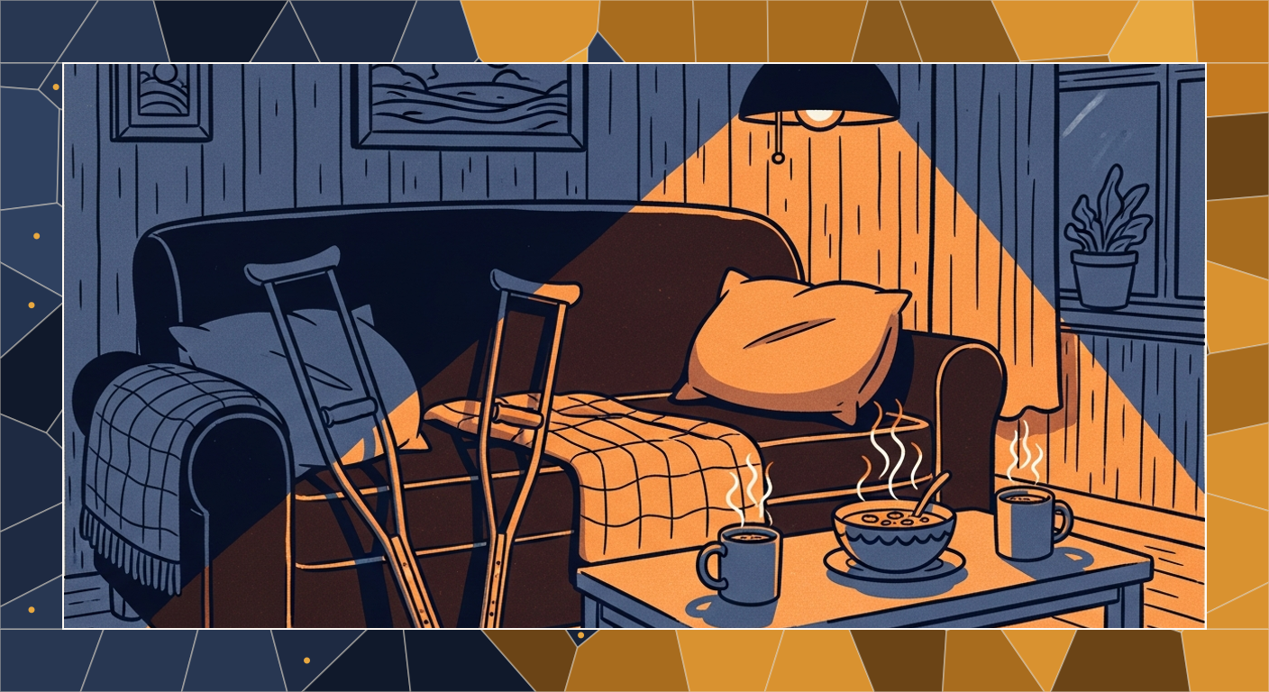 Bold-line cel illustration of a warm living-room recovery scene
