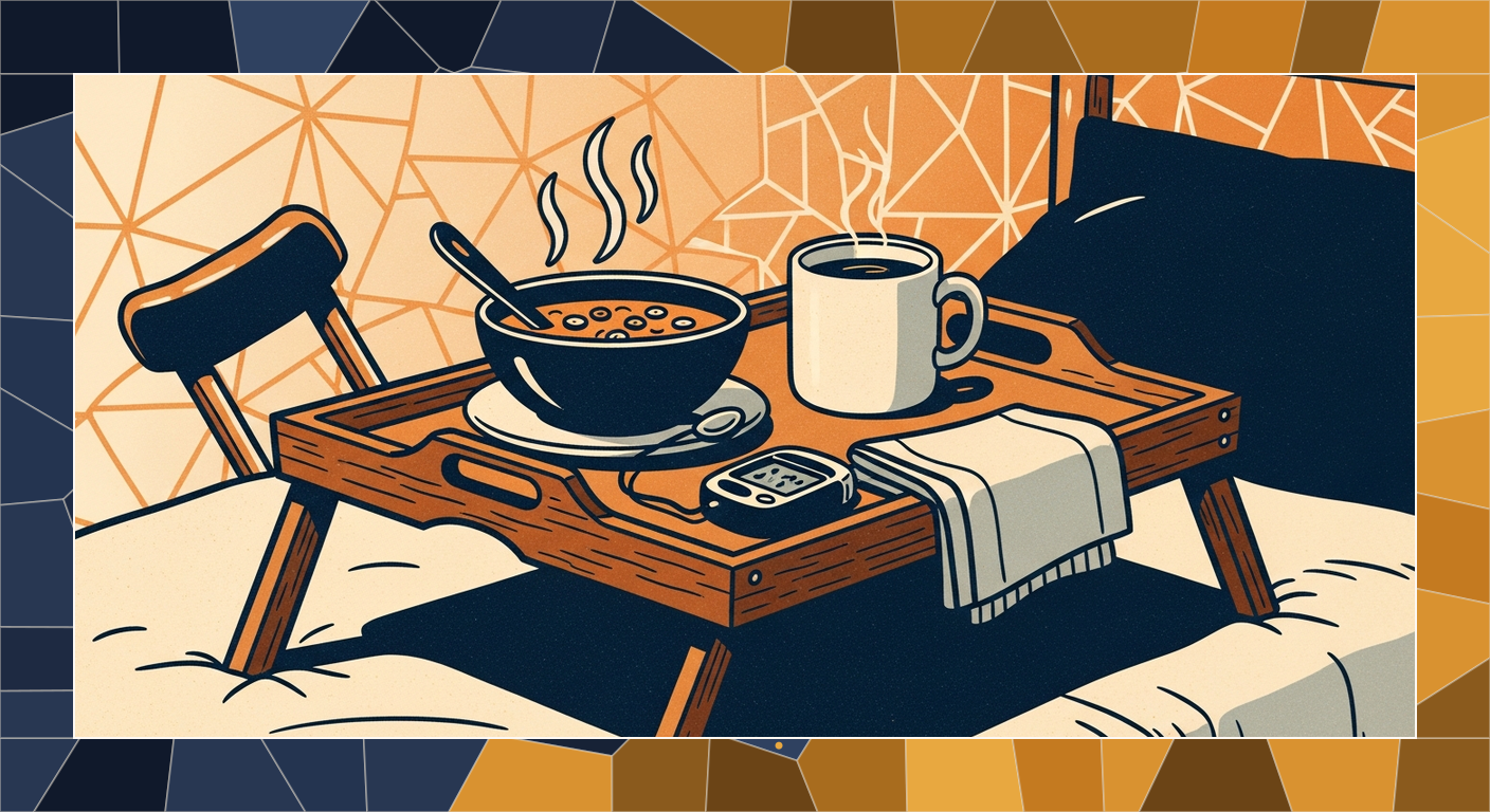 Bold-line cel illustration foreground over a quiet mosaic background