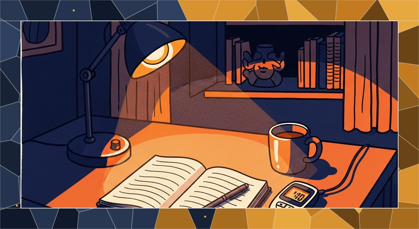 Bold-line cel illustration of a late-night writing desk
