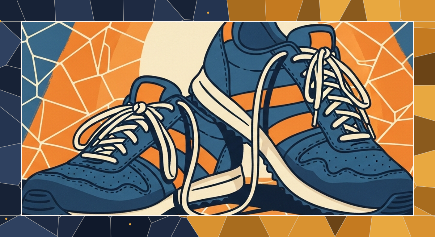 Bold-line cel illustration foreground over a quiet mosaic background