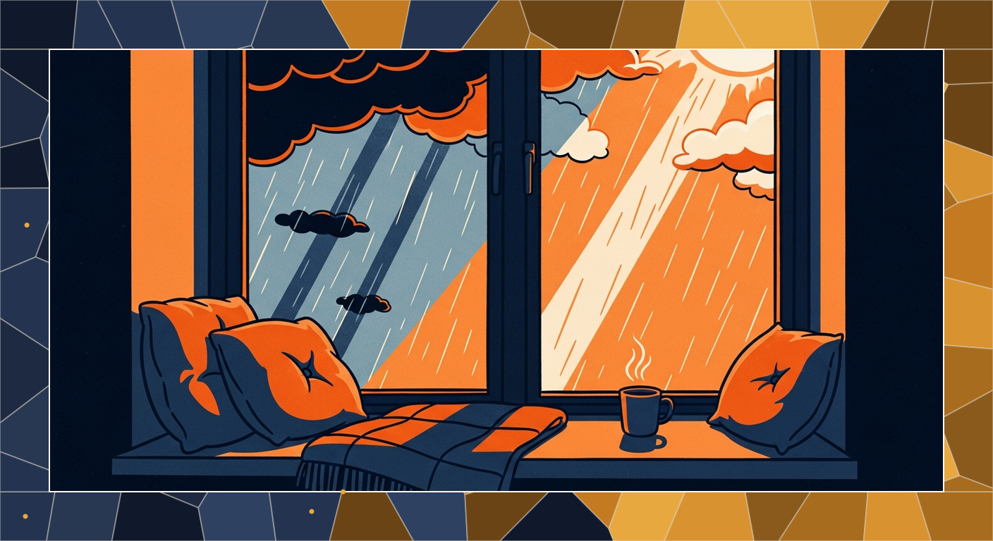 Bold-line cel illustration of a cozy window seat during a break in a rainstorm