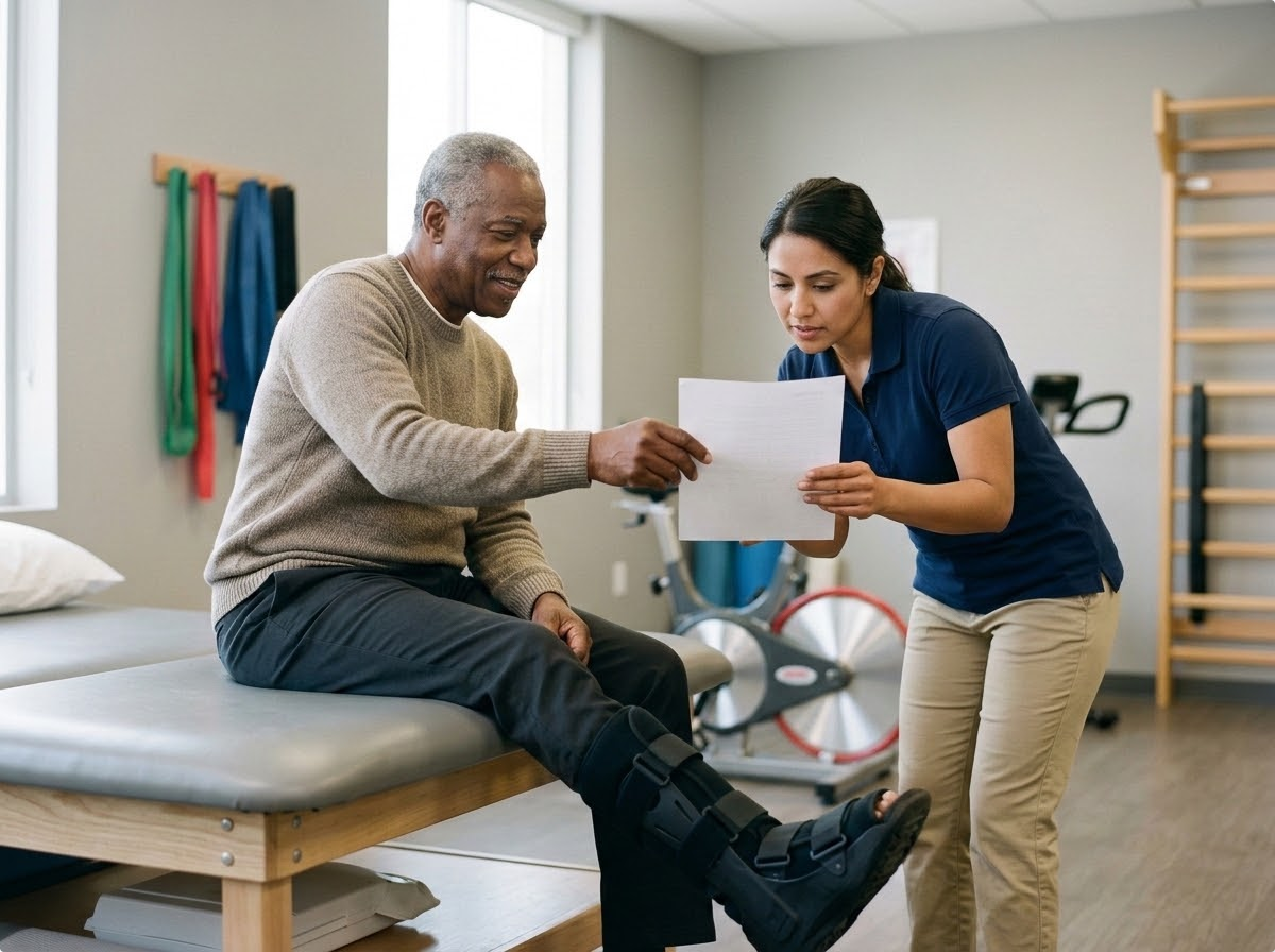 A man in a walking boot on a treatment table hands a printed page to his physical therapist, who leans in to read it