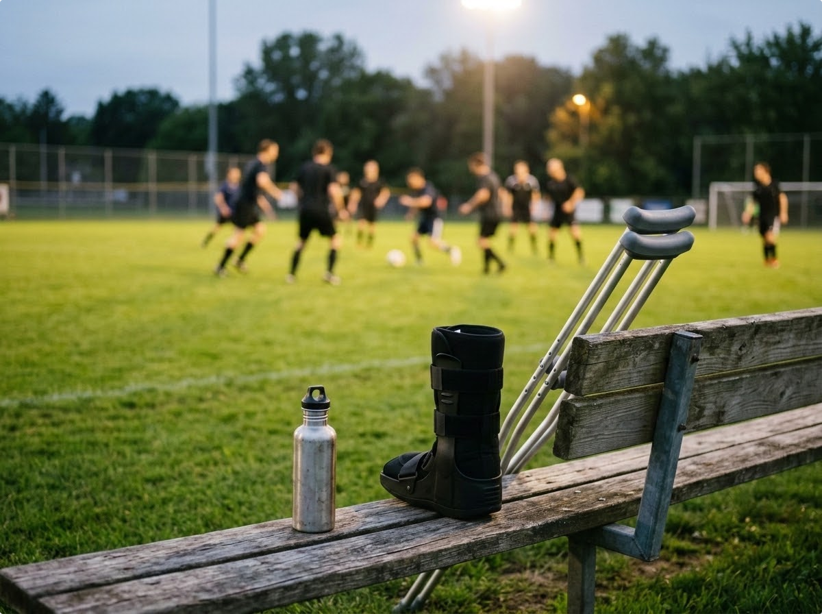 A weathered wooden sideline bench at a community playing field at dusk